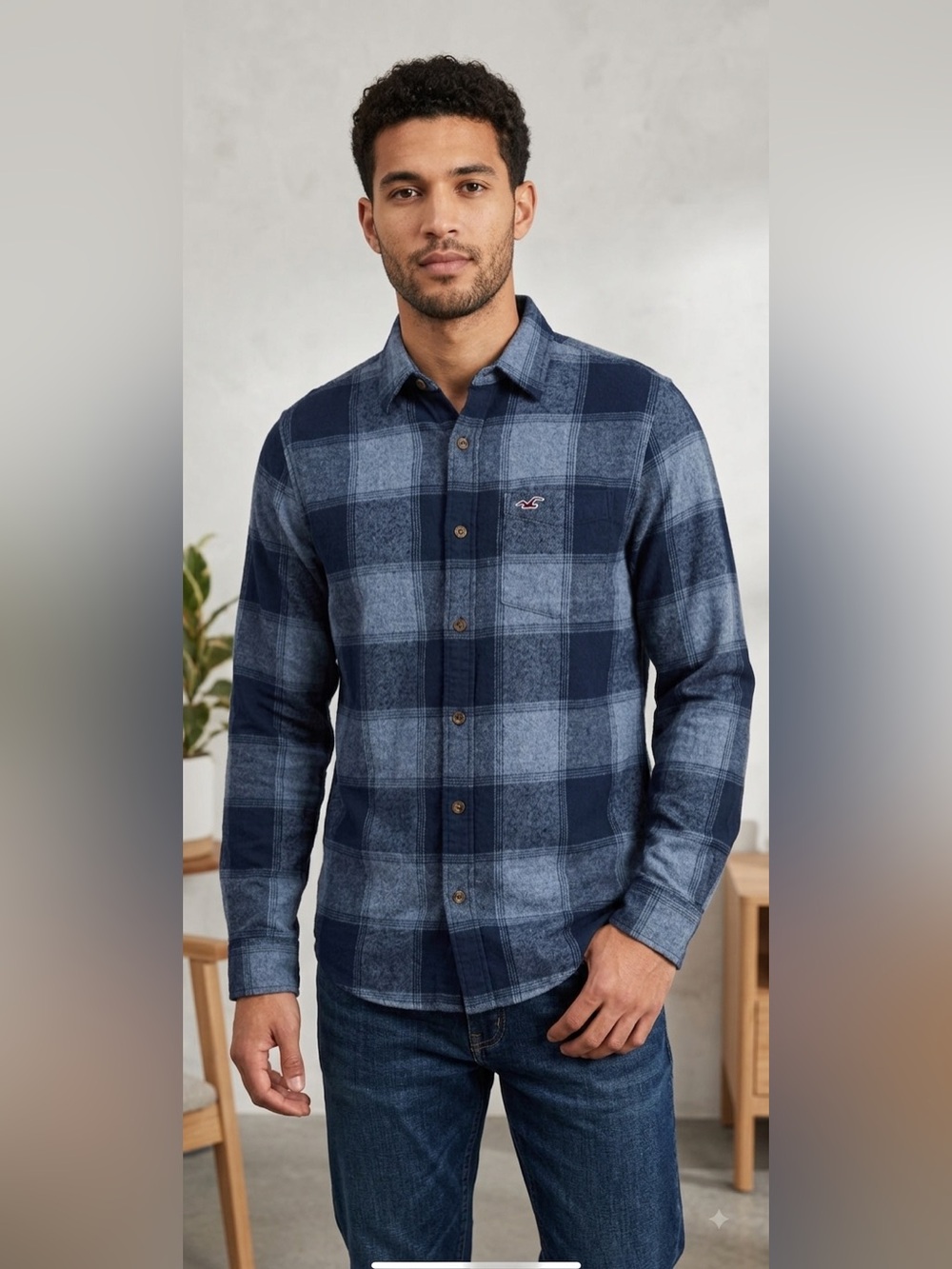 Hollister || Mens Button Down Blue Checkered Woven Pocket Logo shirt Sz M